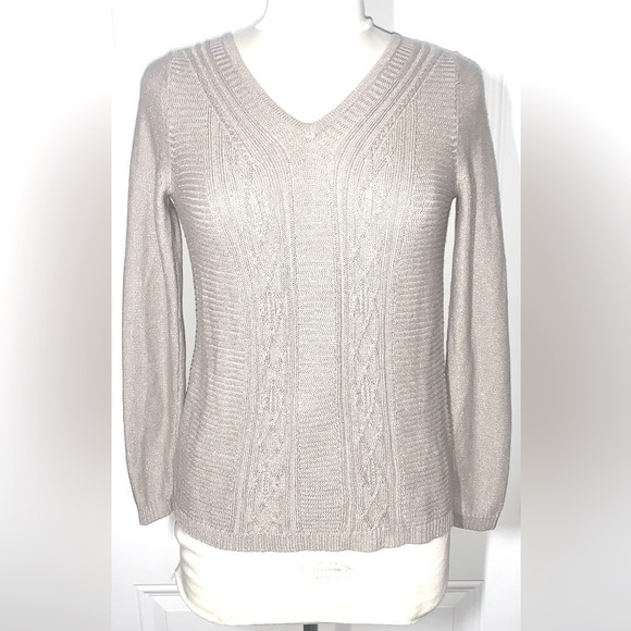 Talbots V neck Metallic Beige Sweater Size Petite - Picture 1 of 9